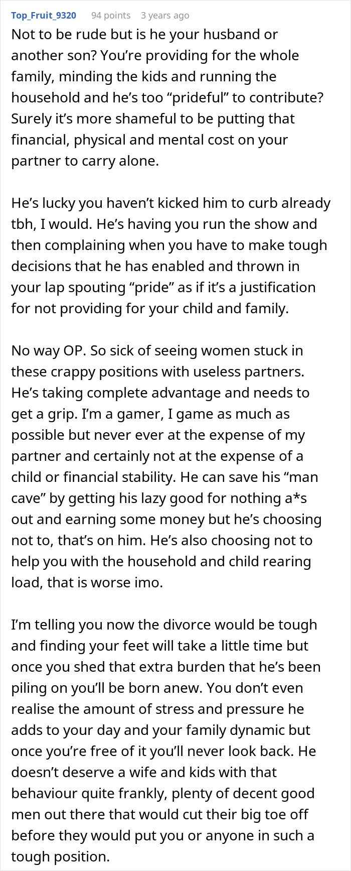 Screenshot of a detailed Reddit comment discussing a woman renting out her husband&rsquo;s man cave after he refuses to work or help.