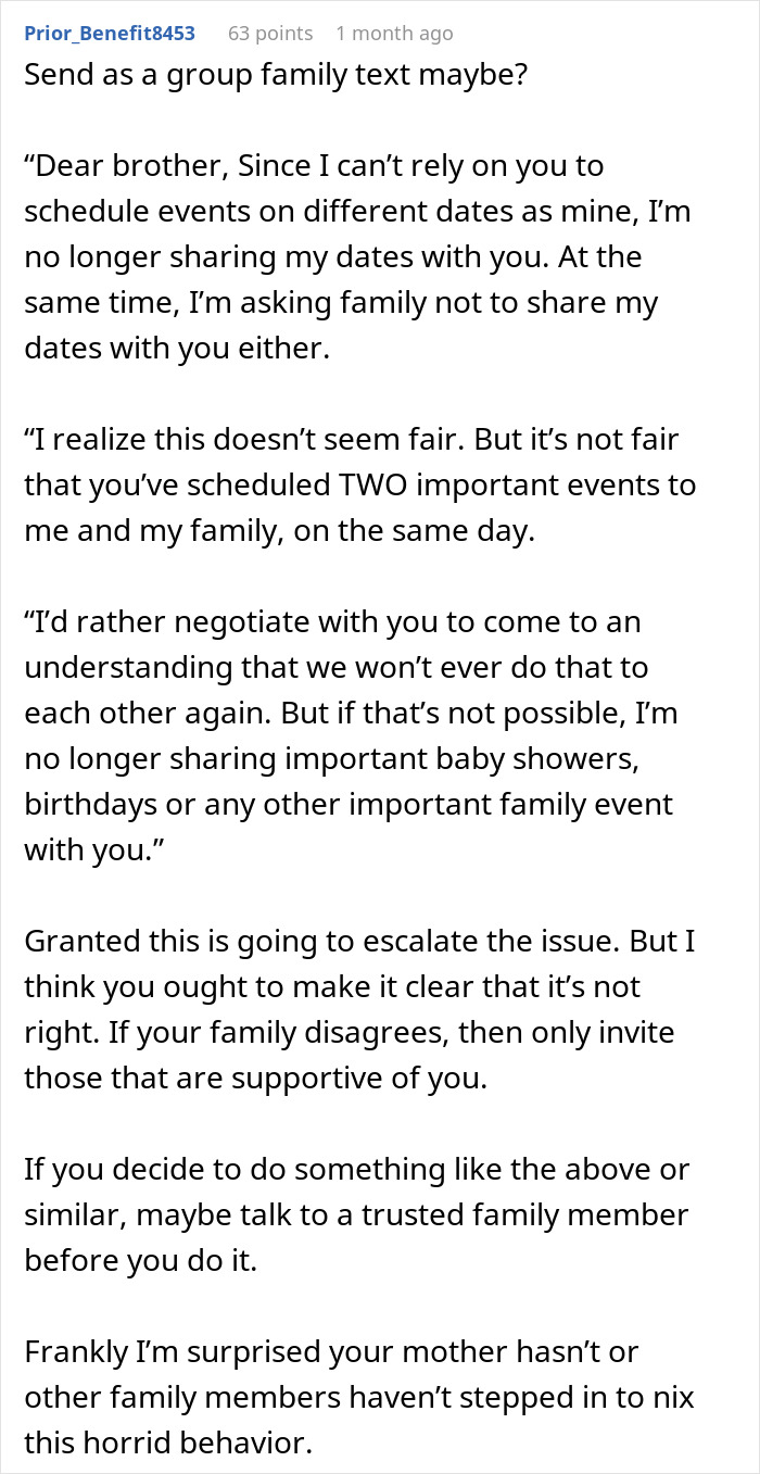 Text message expressing frustration over brother and sister-in-law planning baby shower on nephew's first birthday, overshadowing mom.