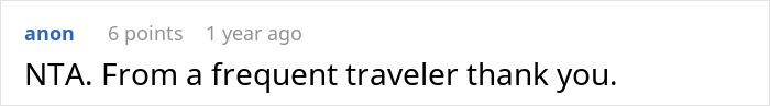 Screenshot of an online comment thanking a frequent traveler related to a woman suggesting obese friend buy 2 seats for comfort on flight.