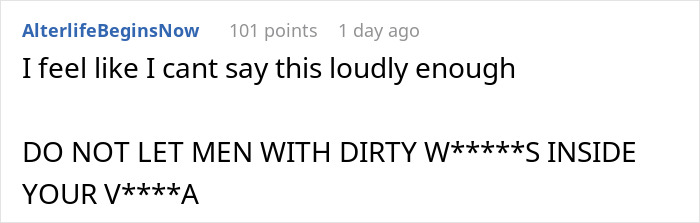 Screenshot of an online comment warning about partners prone to infections, refusing testing, affecting marriage plans.