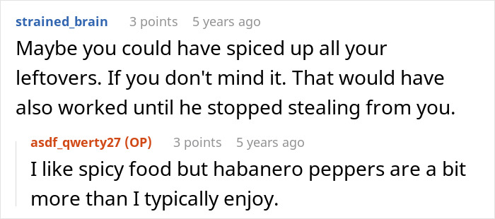 Screenshot of a forum discussion about spicy food and habanero peppers related to leftover stealing and a habanero cake.