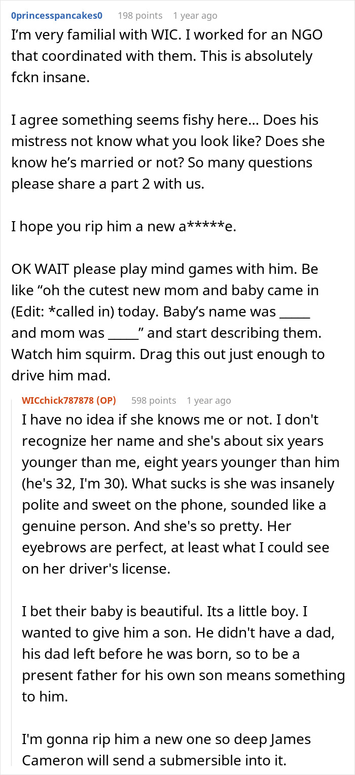 Screenshot of a Reddit conversation about a woman discovering husband&rsquo;s affair baby while setting up WIC profile at work.