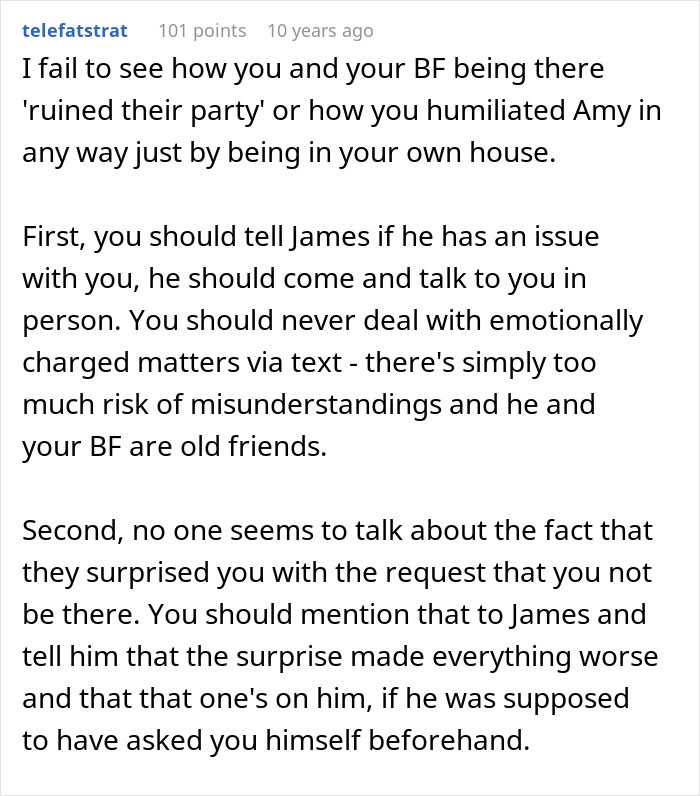 Comment discussing how a woman accuses homeowners of ruining her party because they didn&rsquo;t leave their home.