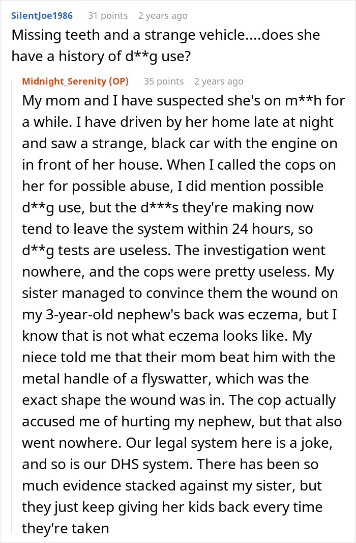 Reddit comments discussing sister threatening to call cops after woman brings her kids home, mentioning abuse and investigation.