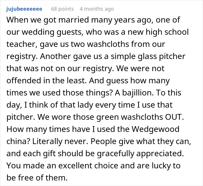 Comment discussing reactions to cheap wedding shower gifts and the bride demands $200 from friends after gifts sparked her wrath.
