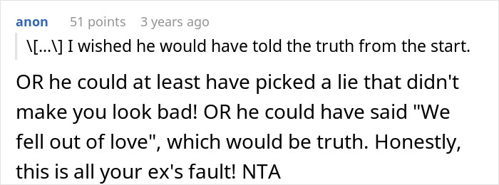 Screenshot of a Reddit comment discussing a shallow man lying about his wife's weight and cheating accusations.