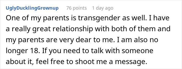 Reddit user shares experience with a transgender parent and offers support to those struggling with similar family dynamics. Reddit user shares experience with a transgender parent and offers support to those struggling with similar family dynamics.