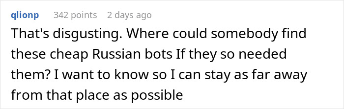 Comment discussing cheap Russian bots and a desire to avoid places using them after a bank&rsquo;s social media disruption incident.