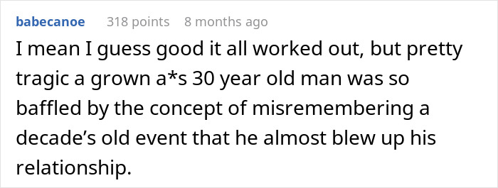 Reddit comment discussing a man convinced he took an art class with his girlfriend who has no memory of it.