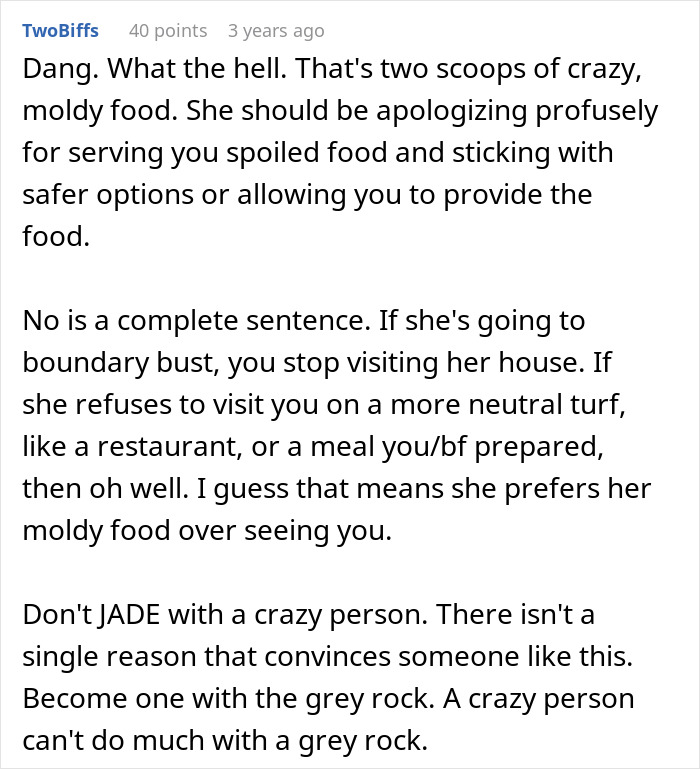 Comment criticizing cheap MIL for forcing son and girlfriend to eat spoiled food and disrespecting their boundaries online.