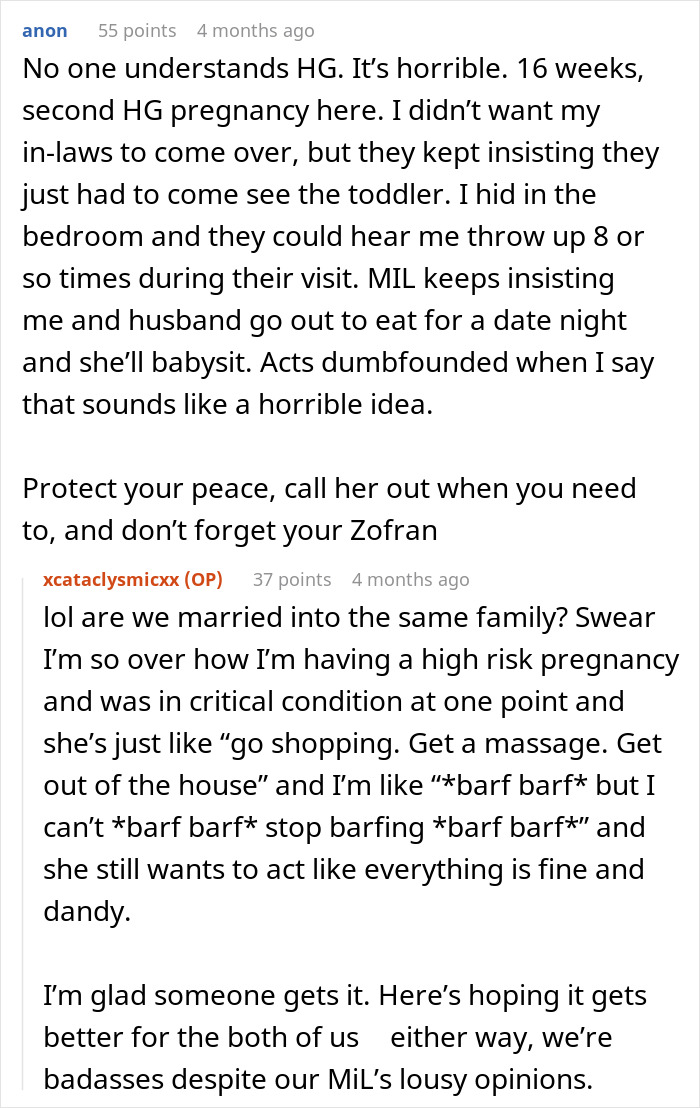 Pregnant woman shares ordeal with MIL hijacking pregnancy and dealing with severe morning sickness during high-risk pregnancy.