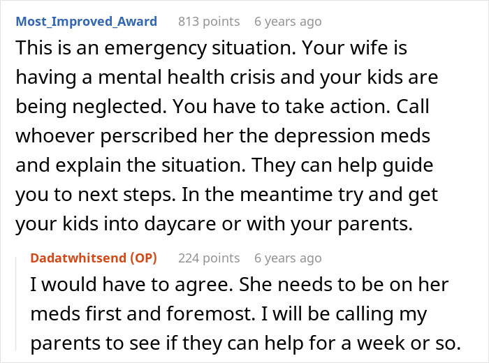 Reddit comments discussing wife leaving toddlers behind, husband coping, and mental health crisis advice.