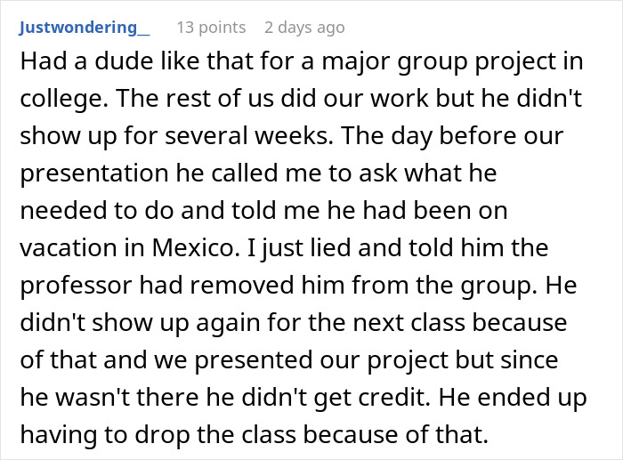 Comment text about group project fails due to lazy teammates expecting the smart one to do everything.