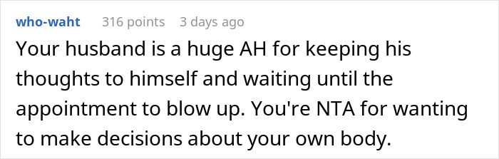 Comment discussing a husband's ultimatum and a wife's right to make decisions about her plastic surgery.