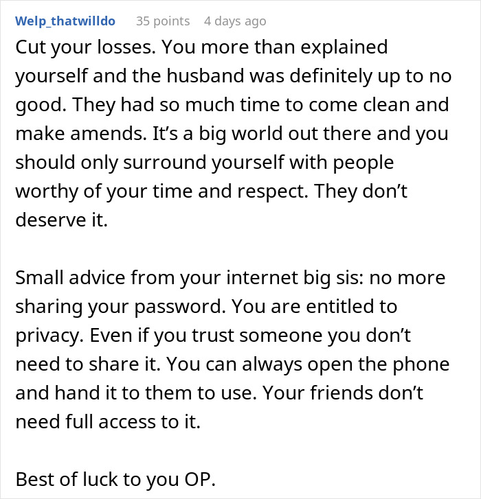 ALT text: Online advice about woman cutting off long-term friend after privacy concerns and dismissed suspicions of violation
