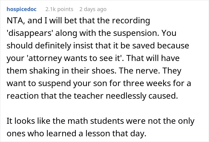 Comment discussing teacher scaring student in class and the resulting suspension controversy.