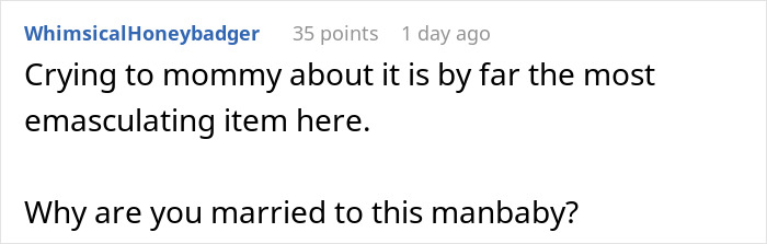 Screenshot of an online comment discussing frustration, referencing a manbaby with sarcastic tone related to dream truck loan owes inheritance.