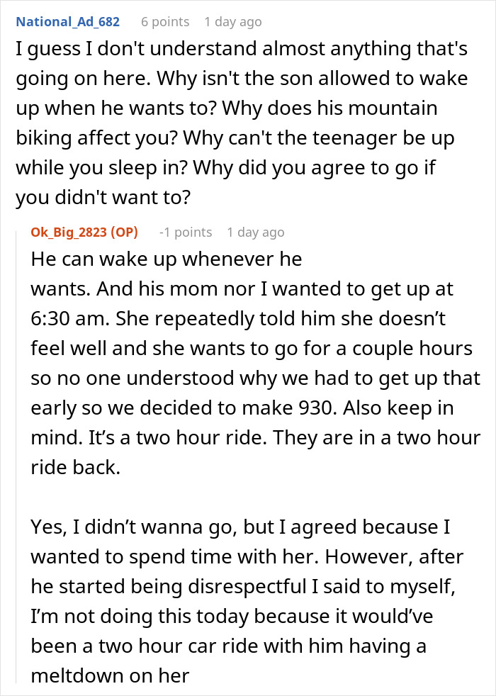 Reddit discussion about a man walking out while his girlfriend&rsquo;s son has a mountain biking meltdown early morning.