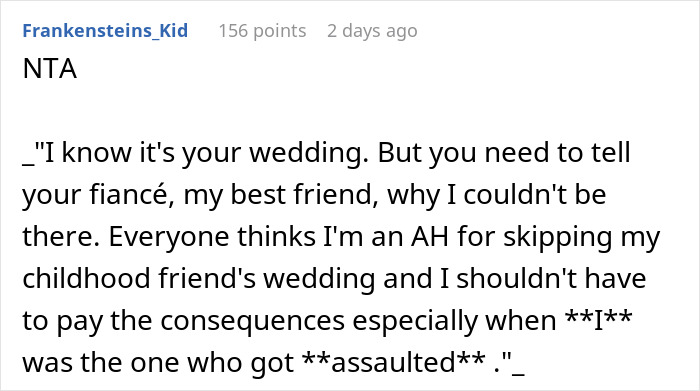 Screenshot of a Reddit comment discussing a groom kissing his best friend at a bachelor party and the bride banning him from the wedding.