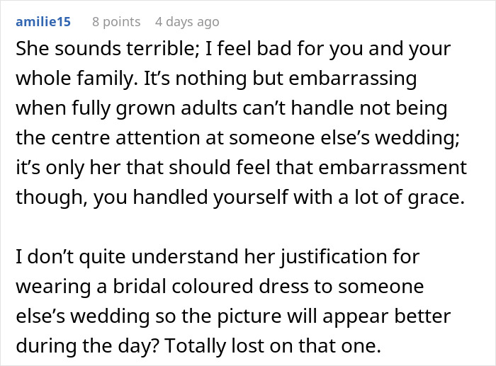 Comment discussing a woman pretending to be the bride at her sister-in-law's wedding wearing a bridal-colored dress.