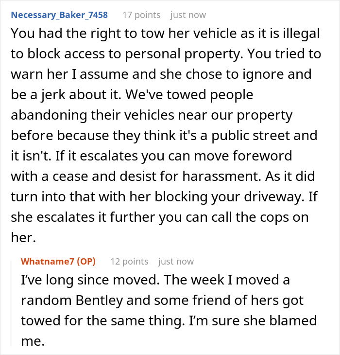 Comment discussing man towing entitled neighbor&rsquo;s car for blocking driveway and her demand for $300 payment.