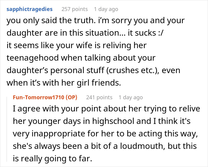 Reddit conversation discussing telling wife why daughter doesn&rsquo;t trust her, focusing on family trust and communication issues.
