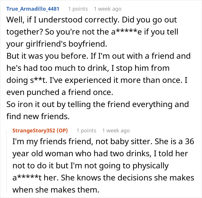 Reddit conversation where a woman exposes her best friend&rsquo;s affair to her boyfriend and discusses friendship struggles.