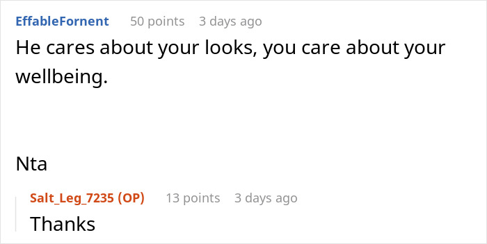 Comments discussing a husband giving a wife an ultimatum related to plastic surgery and wellbeing concerns.