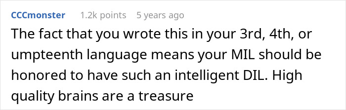 Comment discussing a daughter-in-law writing in her husband parents' native language as a sign of intelligence and respect.