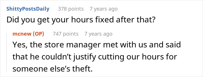 Screenshot of a forum discussion about a pet store manager caught defrauding the store by an observant employee.