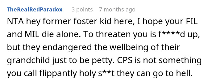 Comment expressing anger over spouse&rsquo;s parents threatening CPS call due to disapproval of dogs in the house.