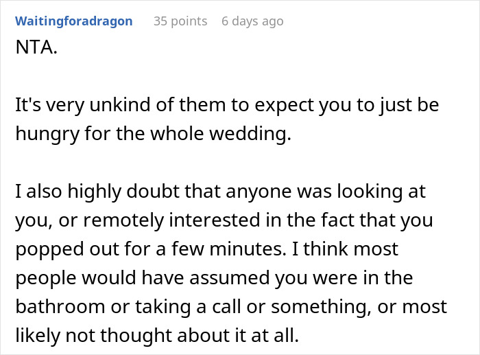 Text post from Reddit user Waitingforadragon discussing unkind expectations about accommodating friend&rsquo;s diet at the wedding.