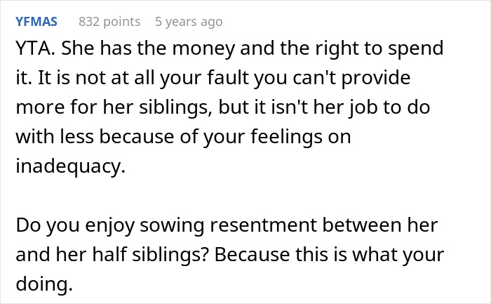 Comment text discussing a mom telling her daughter she cannot buy items deemed too expensive to keep fairness with sibling.