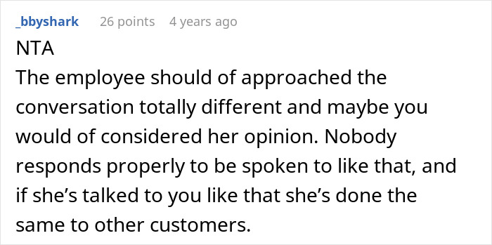 Screenshot of a Reddit comment discussing a rude salon employee refusing to sell box dye and criticizing customers. Screenshot of a Reddit comment discussing a rude salon employee refusing to sell box dye and criticizing customers.
