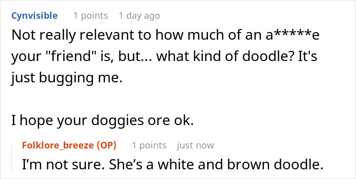 Alt text: Screenshot of a Reddit conversation discussing a friend locking dogs up while letting hers roam free during house sitting.