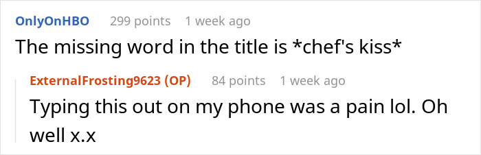 Screenshot of a Reddit conversation discussing a missing word in a prank story about autistic sister and relationship objections.