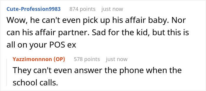 Reddit comments discussing a cheating guy’s affair kid and the refusal to pick up the child from school. Reddit comments discussing a cheating guy’s affair kid and the refusal to pick up the child from school.