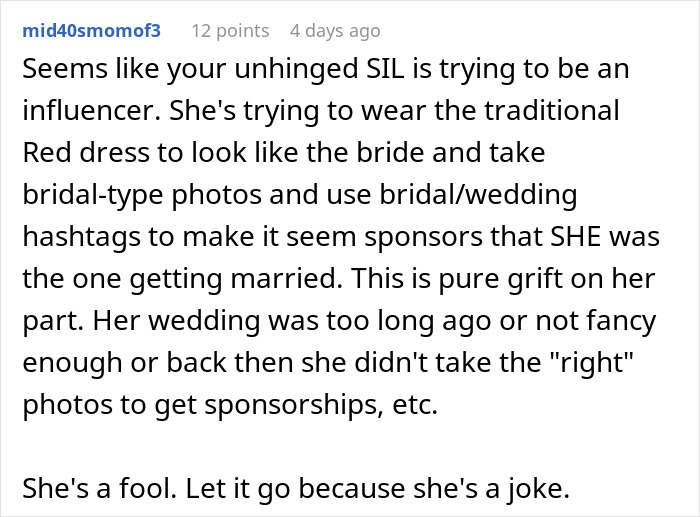 Alt text: Woman pretending to be the bride at SIL&rsquo;s wedding despite being married to the bride&rsquo;s brother in a red dress.