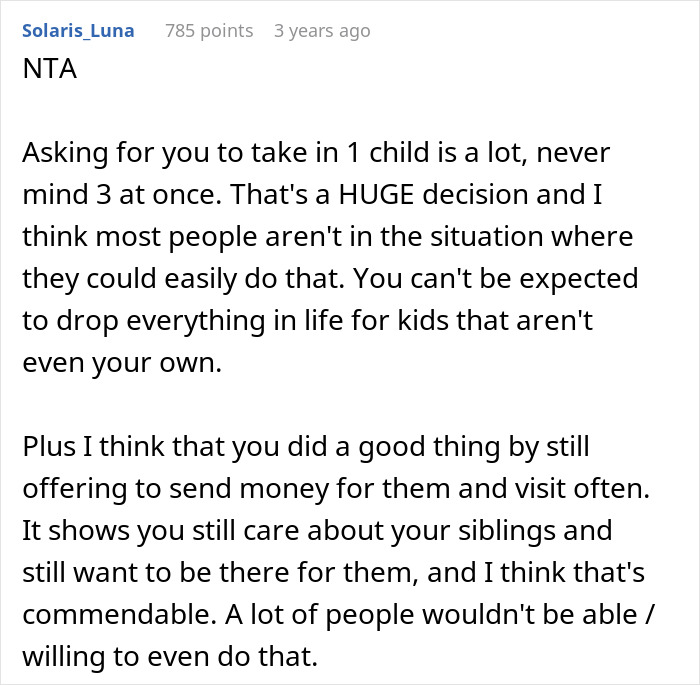 Reddit comment discussing challenges of sister unwanted siblings adoption and offering support through money and visits.