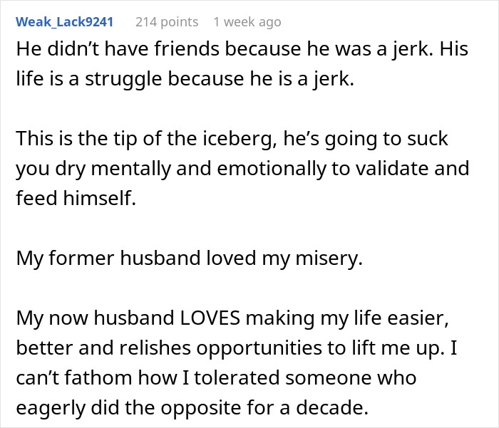 Alt text: Online comment describing a man who mentally drains his wife, contrasting with her supportive current husband. Alt text: Online comment describing a man who mentally drains his wife, contrasting with her supportive current husband.