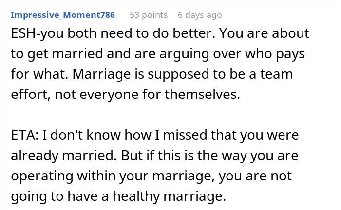 Screenshot of a comment discussing a husband and wife arguing about paying for honeymoon tickets and marriage teamwork.