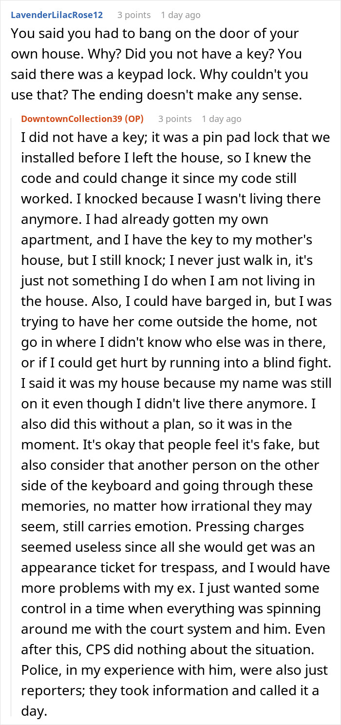 Reddit conversation about lady locking out affair partner's kid in winter and mom giving her a taste of her own medicine.