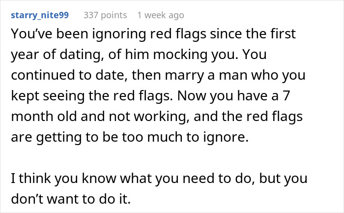 Comment about man hating how easy everything comes to wife and ignoring red flags in their relationship. Comment about man hating how easy everything comes to wife and ignoring red flags in their relationship.