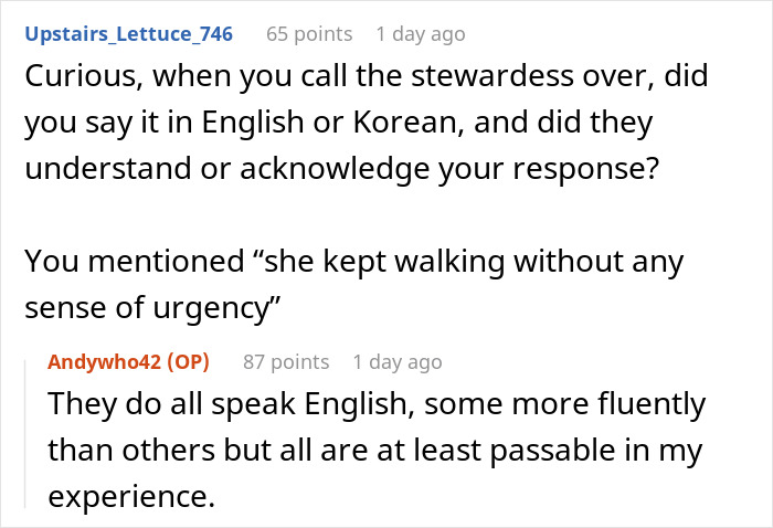 Text conversation about Korean Airlines passenger's medical crisis and crew communication, mentioning English and Korean language skills.