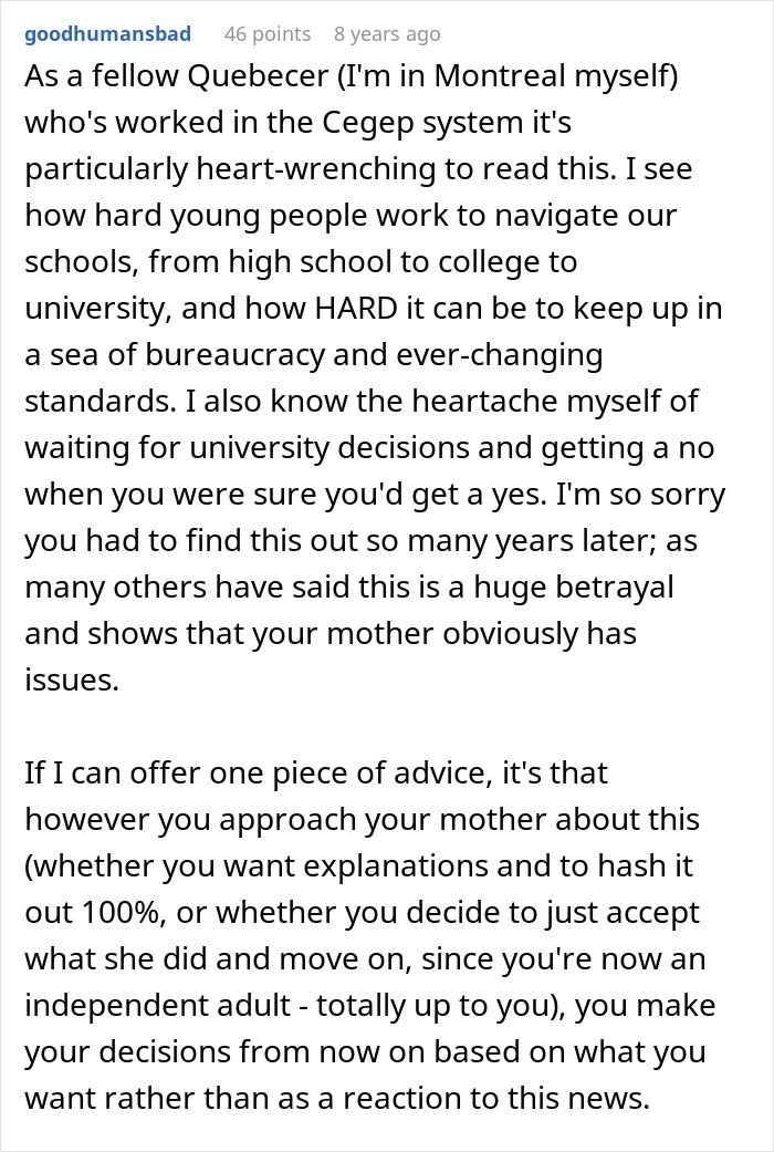 Comment discussing a woman learning the truth about why she never got to study abroad and her mother's role. Comment discussing a woman learning the truth about why she never got to study abroad and her mother's role.