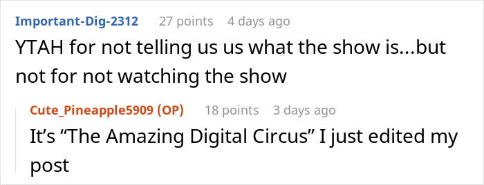 Reddit conversation about refusing to watch an autistic friend's show recommendation titled The Amazing Digital Circus.