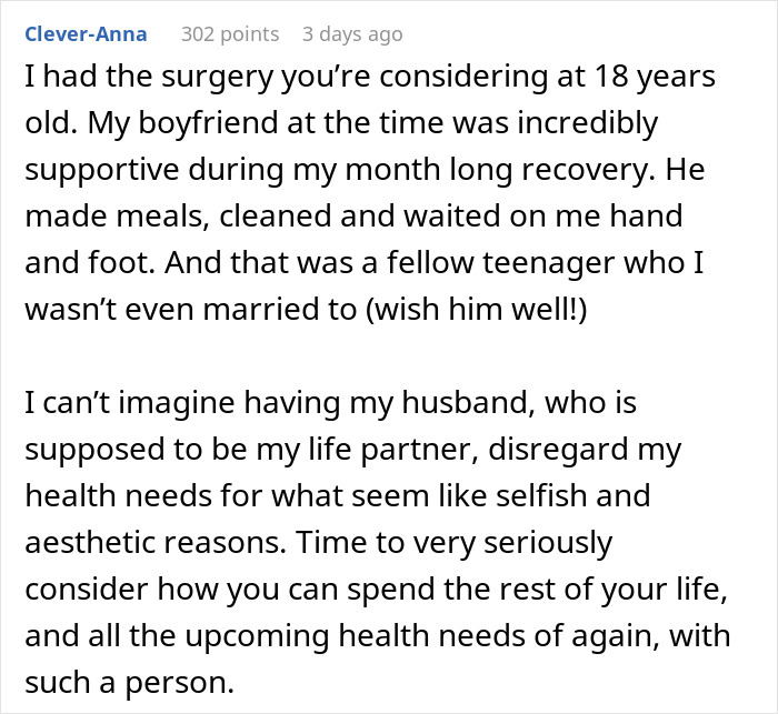 Commenter shares experience with plastic surgery and reflects on husband&rsquo;s ultimatum and its impact on their relationship.