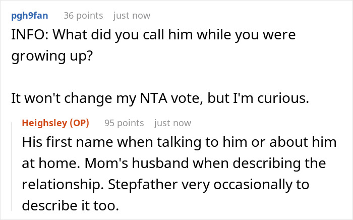 Screenshot of a Reddit thread discussing a bride refusing to let mom&rsquo;s hubby walk her down the aisle and a bratty sister&rsquo;s reaction.
