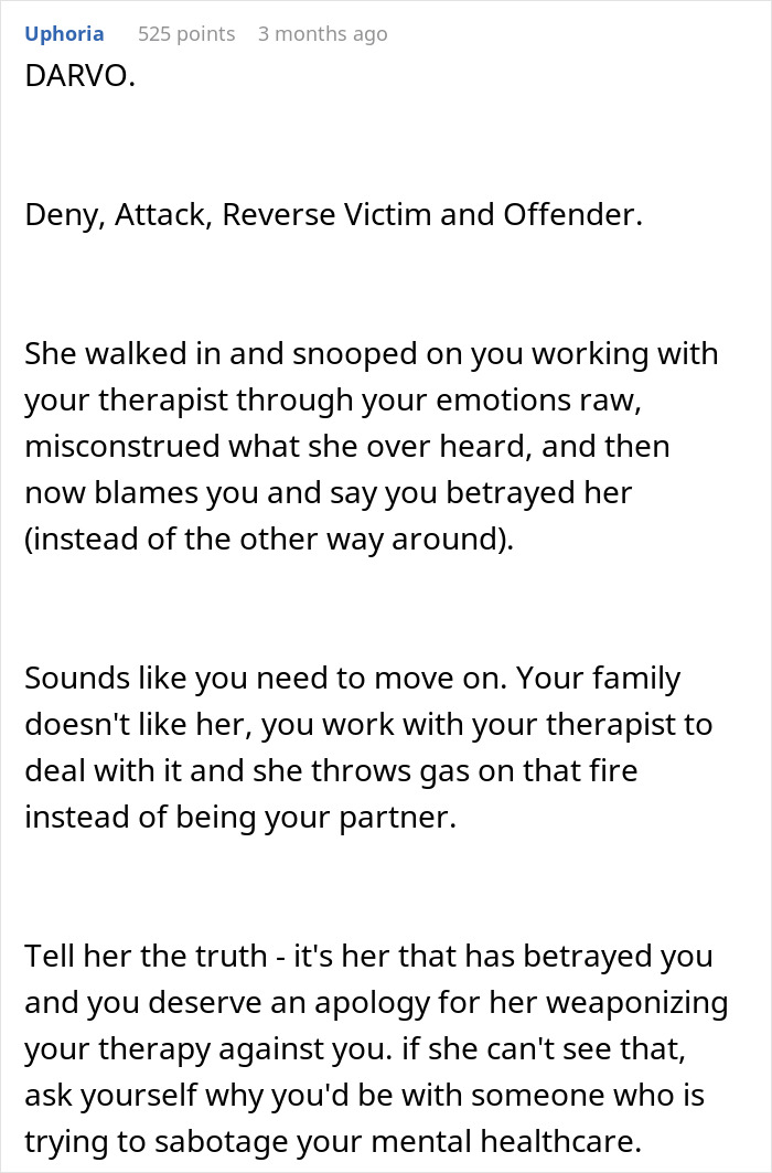 Comment discussing a woman eavesdropping on boyfriend’s private therapy, causing anger and relationship conflict. Comment discussing a woman eavesdropping on boyfriend’s private therapy, causing anger and relationship conflict.