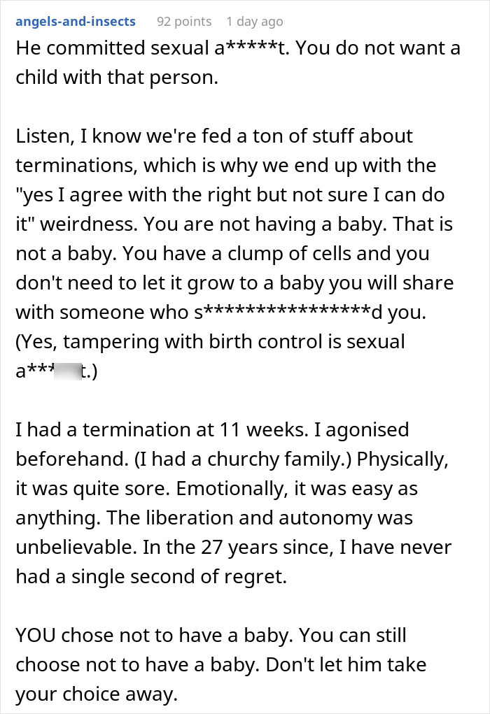 Comment discussing boyfriend tampering with girlfriend’s birth control and its impact on pregnancy and personal choice. Comment discussing boyfriend tampering with girlfriend’s birth control and its impact on pregnancy and personal choice.
